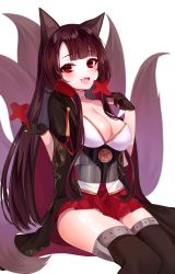 Rule 34 | 1girl, :d, absurdres, akagi (azur lane), animal ears, azur lane, between fingers, black gloves, black thighhighs, blurry, blush, breasts, brown hair, cleavage, collarbone, fang, fox ears, fox tail, gloves, hair ornament, highres, holding, invisible chair, kitsune, large breasts, long hair, long sleeves, looking at viewer, miniskirt, multiple tails, open mouth, partially fingerless gloves, pleated skirt, red eyes, red skirt, reel (riru), simple background, sitting, skirt, smile, solo, tail, thighhighs, white background, wide sleeves, zettai ryouiki