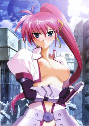 Rule 34 | 00s, 1girl, armor, blue eyes, blush, breasts, building, highres, long hair, looking at viewer, lyrical nanoha, mahou shoujo lyrical nanoha, mahou shoujo lyrical nanoha a&#039;s, mahou shoujo lyrical nanoha strikers, nipples, nude, nude filter, open clothes, open shirt, pink hair, ponytail, puffy nipples, raised eyebrows, rubble, shirt, signum, solo, sweat, sword, third-party edit, weapon
