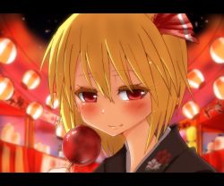 Rule 34 | 1girl, alternate costume, blonde hair, blurry, blush, candy apple, depth of field, fang, female focus, festival, floral print, food, food stand, hair ribbon, japanese clothes, kimono, lantern, letterboxed, light particles, light smile, looking at viewer, night, night sky, portrait, red eyes, ribbon, rumia, short hair, sky, solo, takorice, touhou