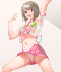 Rule 34 | 1girl, a1 (initial-g), arm up, bandaid, bikini, bikini top only, bikini under clothes, bob cut, breasts, brown hair, commentary request, highres, love live!, love live! nijigasaki high school idol club, nakasu kasumi, navel, open mouth, pink eyes, pink sailor collar, pink skirt, sailor collar, see-through, short hair, short sleeves, skirt, small breasts, smile, solo, striped bikini, striped clothes, sweat, swimsuit, thighs