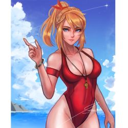 Rule 34 | 1girl, beach, blonde hair, blue eyes, blue sky, breasts, cleavage, day, hair between eyes, hand up, large breasts, lifeguard, long hair, looking at viewer, metroid, metroid: zero mission, mole, mole under mouth, nintendo, parted lips, ponytail, samus aran, shiny skin, sky, smile, solo, standing, swimsuit, thighs, water, whistle, whistle around neck