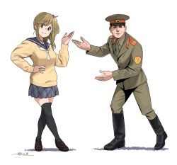 Rule 34 | 1boy, 1girl, black footwear, black sailor collar, black thighhighs, blonde hair, boots, closed mouth, crossed legs, dated, fang, green jacket, green neckwear, green pants, grey skirt, hand on own hip, hat, horikou, inuyama aoi, jacket, long sleeves, looking at viewer, military, military jacket, military uniform, pants, peaked cap, pleated skirt, real life, sailor collar, school uniform, serafuku, signature, simple background, skin fang, skirt, smile, soldier, soviet, soviet army, standing, sweater, thighhighs, uniform, white background, yellow sweater, yurucamp