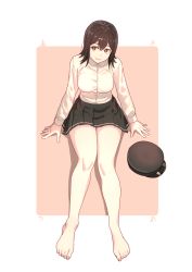Rule 34 | 1girl, akitsu maru (kancolle), bare legs, barefoot, black eyes, black hair, black hat, black skirt, full body, hat, highres, kantai collection, looking to the side, military, military uniform, pale skin, peaked cap, pink background, pleated skirt, short hair, sitting, skirt, solo, two-tone background, uniform, unworn hat, unworn headwear, white background, yuuji (and)