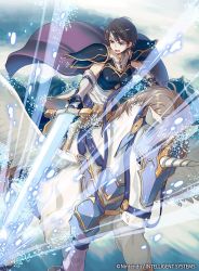 Rule 34 | 1girl, 40hara, armor, blue eyes, breastplate, brown hair, cape, company name, copyright name, elbow gloves, fire emblem, fire emblem: path of radiance, fire emblem cipher, gloves, headband, highres, holding, holding sword, holding weapon, nintendo, official art, open mouth, pegasus, pegasus knight uniform (fire emblem), riding, short hair, solo, sword, tanith (fire emblem), weapon