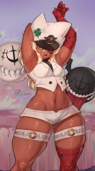 Rule 34 | 1girl, blonde hair, breasts, clover, curvy, dark-skinned female, dark skin, four-leaf clover, guilty gear, guilty gear strive, hair between eyes, highres, looking at viewer, lucifero (guilty gear), medium breasts, navel, orange eyes, ourobot, plump, ramlethal valentine, red bandage, short shorts, shorts, solo, thick thighs, thigh strap, thighs, white hair, white shorts, yellow eyes