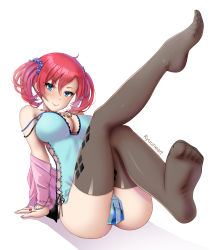 Rule 34 | 1girl, absurdres, blue eyes, breasts, cleavage, digimon, digimon story: cyber sleuth, highres, large breasts, crossed legs, lipstick, looking at viewer, makeup, no shoes, red hair, red lips, shiramine nokia, sitting, smile, thighhighs
