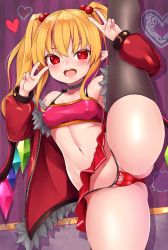 Rule 34 | 1girl, bare shoulders, blonde hair, blush, bra, breasts, cameltoe, chiroshiron, choker, commentary request, covered erect nipples, double v, flandre scarlet, gluteal fold, hair ornament, heart, highres, jacket, long sleeves, looking at viewer, miniskirt, navel, open mouth, panties, pointy ears, red eyes, skindentation, skirt, small breasts, solo, split, standing, standing on one leg, standing split, strapless, thick thighs, thighhighs, thighs, touhou, tube top, twintails, underwear, v, wings