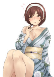Rule 34 | 1girl, alternate costume, blush, breasts, brown eyes, brown hair, floral print, hair ornament, hairband, highres, japanese clothes, kantai collection, kimono, large breasts, long sleeves, looking at viewer, natori (kancolle), open mouth, short hair, simple background, sitting, solo, timato, white background, wide sleeves, yukata