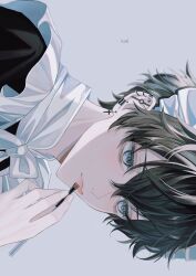 Rule 34 | 1boy, black hair, blue eyes, closed mouth, commentary, ear piercing, earrings, english commentary, expressionless, fingernails, grey background, hair between eyes, highres, jewelry, maid, maid headdress, makeup, male focus, original, piercing, short hair, sidelocks, simple background, solo, sosaku 25, upper body