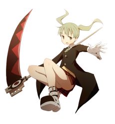 Rule 34 | 00s, 1girl, :o, bare legs, black jacket, blonde hair, blush, boots, colorized, coupon (4chan), flat chest, from below, full body, gloves, green eyes, green necktie, holding, holding weapon, jacket, looking at viewer, maka albarn, midair, miniskirt, necktie, open mouth, panties, pleated skirt, red skirt, scythe, simple background, skirt, solo, soul eater, striped necktie, sweater vest, twintails, underwear, weapon, white background, white gloves, yellow sweater vest