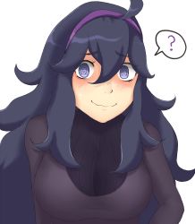Rule 34 | 1girl, ?, @ @, ahoge, black dress, breasts, closed mouth, creatures (company), dress, game freak, hair between eyes, hex maniac (pokemon), hikikomoriamy, large breasts, long hair, long sleeves, messy hair, nintendo, pokemon, pokemon xy, purple eyes, purple hair, simple background, smile, solo, turtleneck, upper body, wavy mouth, white background