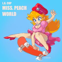Rule 34 | 1girl, artist name, bare legs, blonde hair, blue background, blue eyes, blush stickers, bootleg, breasts, bright pupils, cleavage, copyright name, dress, english text, eyelashes, full body, hat, high heels, highres, jewelry, large breasts, long hair, looking down, mario (series), menace beach, midair, motion lines, necklace, nintendo, no nose, no socks, open hand, parted lips, peaked cap, pearl necklace, pink dress, princess peach, puffy short sleeves, puffy sleeves, red footwear, red hat, short dress, short sleeves, simple background, skateboard, skateboarding, solo, spudenski, white pupils