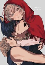 Rule 34 | 1boy, 1girl, animal ears, black hair, blush, capelet, carrying, carrying person, earrings, facial scar, fangs, fur collar, grey background, grey eyes, grey hair, highres, hood, hood up, hooded capelet, hug, jewelry, little red riding hood, looking at viewer, open mouth, original, parted lips, red capelet, red nails, scar, scar on cheek, scar on face, simple background, sleeveless, sleeveless jacket, sparkling eyes, teeth, tori no 3046, upper body, wolf boy, wolf ears