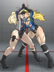 Rule 34 | 2girls, alternate costume, alternate hairstyle, belt, belt pouch, black gloves, blonde hair, blue eyes, blue leotard, boots, breast press, breasts, cammy white, camouflage, capcom, eyebrows, fighting, fingering, french kiss, full body, gloves, goggles, grey leotard, grey vest, highres, holding hands, kiss, kolin, large breasts, legs, leotard, lips, long hair, looking at another, multiple girls, muscular, muscular female, mutual masturbation, mythios, nipples, pouch, pussy, pussy juice, red-tinted eyewear, saliva, skin tight, street fighter, street fighter v, teeth, thick thighs, thighs, tinted eyewear, tongue, tongue out, torn clothes, unzipped, vest, wide hips, yuri