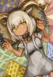Rule 34 | 1girl, animal ears, arknights, beeswax (arknights), black collar, breasts, buchi0122, collar, commentary, cowboy shot, dark-skinned female, dark skin, dress, goat ears, goat horns, highres, horns, infection monitor (arknights), looking at viewer, lying, off-shoulder dress, off shoulder, on back, short hair with long locks, small breasts, solo, white dress, white hair, yellow eyes