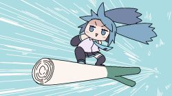 Rule 34 | 1girl, blue eyes, blue hair, chibi, detached sleeves, doyagao, dragon ball, dragonball z, hatsune miku, icon 315, necktie, oversized food, oversized object, parody, simple background, sky surfing, smug, solo, spring onion, thighhighs, triangle mouth, twintails, vocaloid