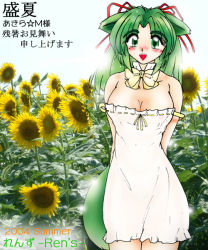 Rule 34 | 00s, 1girl, 2004, akira m, animal ears, arms behind back, blush, bowtie, breasts, cat ears, cat girl, cat tail, cleavage, detached collar, dress, flower, green eyes, green hair, hair ribbon, large breasts, long hair, looking at viewer, open mouth, ribbon, sleeveless, sleeveless dress, smile, standing, strap slip, summer, sunflower, tail, teeth, white dress, yellow bow, yellow bowtie