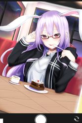 Rule 34 | 1girl, :p, animal ears, bespectacled, black jacket, blush, breasts, rabbit ears, cake, cup, dutch angle, food, fork, framed, glasses, highres, holding, holding fork, indoors, jacket, large breasts, long hair, looking at viewer, night, fake phone screenshot, purple hair, red eyes, reisen udongein inaba, solo, tongue, tongue out, touhou, very long hair, window, xialuluo (sharuro)