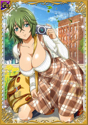 Rule 34 | 00s, 1girl, bare legs, breasts, card (medium), dress, female focus, green hair, ikkitousen, kyocho chuukou, large breasts, looking at viewer, shiny skin, shoes, short hair, sky, solo