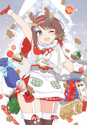 Rule 34 | 1girl, ahoge, aka ringo, animal ears, antlers, arm up, black thighhighs, blue eyes, blush, box, brown hair, candy, candy cane, capelet, chougei (kancolle), cookie, cowboy shot, deer ears, food, garter straps, gift, gift box, gingerbread cookie, gingerbread man, gloves, highres, holding, holding sack, horns, kantai collection, official alternate costume, one eye closed, open mouth, pleated skirt, red capelet, red gloves, red skirt, reindeer antlers, sack, short hair, skirt, smile, solo, thighhighs