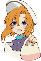 Rule 34 | 1girl, :d, bag, beret, blue eyes, blush, bow, bright pupils, close-up, commentary request, cropped torso, eyes visible through hair, floating hair, hair between eyes, hand up, happy, hat, highres, higurashi no naku koro ni, holding, holding bag, looking at viewer, open mouth, orange hair, purple bow, ryuuguu rena, short hair, simple background, smile, solo, suzuragi karin, white background, white hat