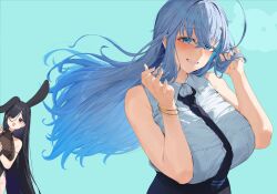 Rule 34 | 2girls, animal ears, aqua background, bare arms, bare shoulders, black hair, black necktie, blue eyes, blue hair, blue nails, blush, bracelet, breasts, collared shirt, crossed bangs, hair ornament, hairclip, hands up, highres, jewelry, large breasts, long hair, looking at viewer, multiple girls, nail polish, necktie, neshia (tsaqif0309), open mouth, original, parted lips, purple eyes, rabbit ears, shirt, simple background, sleeveless, smile, solo focus, teeth