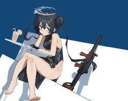 Rule 34 | 1girl, barefoot, blue archive, chinese clothes, crossed legs, double bun, feet, glass, gun, hair bun, highres, kisaki (blue archive), long hair, sitting, soles, toes, twintails, weapon