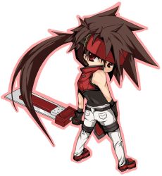 Rule 34 | 1boy, arc system works, belt, brown hair, enon-chan, forehead protector, full body, gloves, guilty gear, long hair, looking back, male focus, pants, ponytail, red eyes, shoes, sol badguy, solo, sword, weapon