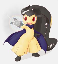 1girl absurdly_long_hair arm_up big_hair black_hair black_skin cape clothed_pokemon colored_skin commission creatures_(company) extra_mouth female_focus flat_chest full_body game_freak gen_3_pokemon glowing grey_background happy high_ponytail long_hair looking_at_viewer magic mawaifu mawile multicolored_skin nintendo open_mouth outstretched_arm pokemon pokemon_(creature) purple_cape red_eyes sharp_teeth sidelocks simple_background smile solo sparkle standing teeth thick_thighs thighs two-tone_skin very_long_hair wide_hips yellow_skin