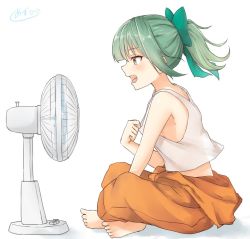 Rule 34 | 10s, 1girl, aqua hair, azuhira, bare arms, barefoot, between legs, blue bow, blush, bow, electric fan, eyebrows, from side, full body, hair bow, hand between legs, indian style, kantai collection, open mouth, orange pants, pants, ponytail, profile, signature, simple background, sitting, solo, tank top, tongue, white background, yellow eyes, yuubari (kancolle)