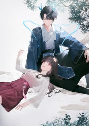 Rule 34 | 1boy, 1girl, :d, antenna hair, antlers, black hair, breasts, closed mouth, commentary request, copyright request, cowboy shot, cropped jacket, dragon print, dudungseun, flower, hair flower, hair ornament, hakama, hakama skirt, hand on own knee, hand up, haori, highres, horns, jacket, japanese clothes, kimono, knee up, korean commentary, lap pillow, looking at another, lying, medium breasts, on back, open clothes, open jacket, open mouth, parted bangs, pink eyes, pink shirt, plant, pleated skirt, red hakama, shirt, shirt tucked in, short hair, sitting, skirt, smile, straight hair, tassel, white jacket, white kimono, wide sleeves