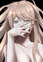 Rule 34 | 1girl, :d, black background, blonde hair, breasts, cleavage, collarbone, danganronpa: trigger happy havoc, danganronpa (series), enoshima junko, grey eyes, hand up, highres, large breasts, long hair, nail polish, natsu (apfhd 77), open mouth, red nails, simple background, smile, solo, teeth, tongue, upper body, upper teeth only