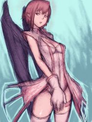 Rule 34 | 1girl, breasts, cleavage, female focus, fumio (rsqkr), glovees, gloves, juju, over zenith, pink eyes, pink hair, red eyes, red hair, short hair, sketch, solo, thigh strap, thighhighs, white thighhighs, wings, zettai ryouiki