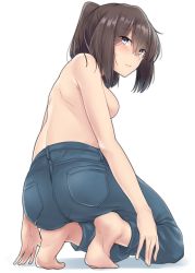 Rule 34 | 1girl, absurdres, akizuki (kancolle), arms at sides, ass, back, barefoot, blue eyes, blush, breasts, brown hair, closed mouth, denim, full body, highres, jeans, kantai collection, kiritto, kneeling, long hair, looking at viewer, looking back, medium breasts, pants, pantylines, pocket, ponytail, shoulder blades, simple background, solo, sweatdrop, topless, white background