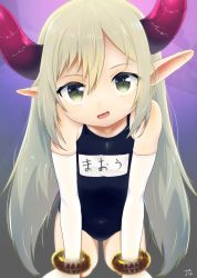 Rule 34 | 1girl, bent over, blonde hair, child, demon horns, elbow gloves, emma august, female focus, flat chest, gloves, gradient background, green eyes, hands on own knees, highres, horns, long hair, looking at viewer, name tag, nijisanji, one-piece swimsuit, pointy ears, satsuyo, school swimsuit, solo, swimsuit, virtual youtuber, white gloves