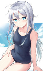 Rule 34 | 1girl, bare shoulders, blue eyes, blue one-piece swimsuit, blue sky, blush, breasts, cloud, collarbone, commentary request, covered navel, gluteal fold, hair between eyes, hibiki (kancolle), highres, kantai collection, kohakope, long hair, looking at viewer, old school swimsuit, one-piece swimsuit, revision, school swimsuit, silver hair, sitting, sky, small breasts, smile, solo, swimsuit