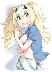 Rule 34 | 1girl, blonde hair, blue eyes, blue shirt, blush, breasts, buttons, gambier bay (kancolle), hair between eyes, hairband, kantai collection, long hair, medium breasts, okitarou (okiyo), open clothes, open mouth, open shirt, shirt, short sleeves, shorts, solo, tears, twintails, twitter username, upper body, white shorts