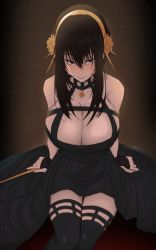 Rule 34 | 1girl, absurdres, bare shoulders, black dress, black gloves, black hair, black thighhighs, blood, blood on face, breasts, cleavage, collarbone, dagger, dark background, dress, fingerless gloves, gloves, gold hairband, hair between eyes, hairband, halterneck, highres, holding, holding dagger, holding knife, holding weapon, knife, large breasts, long hair, looking at viewer, red eyes, sitting, sleeveless, sleeveless dress, smile, solo, spy x family, thighhighs, vanko (vank0a), weapon, yor briar