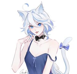 Rule 34 | 1girl, :p, ahoge, animal ear fluff, bare arms, bare shoulders, black choker, blue bow, blue eyes, blue hair, bow, cat tail, choker, commentary, fangs, furina (genshin impact), genshin impact, glaciel, hand up, kemonomimi mode, long hair, looking at viewer, multicolored hair, no headwear, simple background, sleeveless, solo, spaghetti strap, strap slip, streaked hair, tail, tail bow, tail ornament, tongue, tongue out, very long hair, white background, white hair