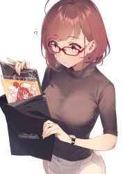 Rule 34 | 1girl, 92m, ?, ahoge, bag, bra visible through clothes, brand name imitation, breasts, brown eyes, brown hair, brown sweater, closed mouth, commentary request, denim, glasses, highres, holding, holding bag, jeans, kinshi no ane (92m), large breasts, manga (object), melonbooks, original, pants, plastic bag, short hair, sleeves rolled up, solo, sweater, swept bangs, turtleneck, turtleneck sweater, watch, white background, white pants, wristwatch