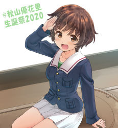 Rule 34 | 1girl, akiyama yukari, blush stickers, brown eyes, brown hair, commentary request, girls und panzer, haniwa (leaf garden), hatch, highres, long sleeves, looking at viewer, ooarai military uniform, open mouth, pleated skirt, salute, school uniform, short hair, sitting, skirt, smile, solo, translation request