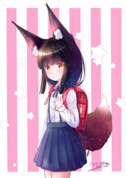 Rule 34 | 1girl, alternate costume, animal ears, azur lane, backpack, bag, black hair, blunt bangs, bow, bowtie, commentary request, contemporary, fox ears, fox girl, fox tail, from side, long hair, looking at viewer, looking to the side, m ko (maxft2), nagato (azur lane), parted lips, randoseru, school uniform, sidelocks, signature, skirt, solo, suspender skirt, suspenders, tail, yellow eyes