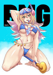 Rule 34 | 1girl, adapted costume, arm up, armpits, ass, bare shoulders, barefoot, bikini, blonde hair, blue bikini, blue headwear, blush, blush stickers, breasts, cameltoe, cleavage, covered erect nipples, dark magician girl, diving mask, duel monster, feet, full body, goggles, green eyes, hair between eyes, highleg, highleg bikini, highres, holding, holding wand, kneeling, large breasts, legs, long hair, looking at viewer, magical girl, mibry (phrysm), micro bikini, navel, open mouth, shiny skin, smile, solo, staff, stomach, swimsuit, thighs, thong, thong bikini, toes, very long hair, wand, wide hips, yu-gi-oh!, yu-gi-oh! duel monsters