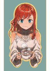 Rule 34 | 1girl, atory totory, bare shoulders, blue eyes, blush, closed mouth, cup, final fantasy, final fantasy xiv, food, food on face, green background, highres, holding, holding cup, long hair, orange hair, red ribbon, ribbon, ryne waters, smile, solo, steam, two-tone background, whipped cream, white background