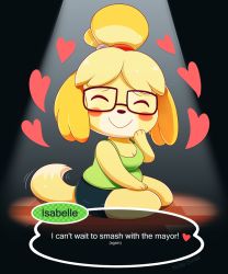 Rule 34 | 1girl, animal crossing, animal ears, animal hands, artist name, bare shoulders, black-framed eyewear, black background, blonde hair, blush stickers, breasts, cleavage, closed eyes, closed mouth, dog ears, dog girl, dog tail, english text, female focus, full body, furry, furry female, glasses, green shirt, green skirt, hair tie, hand up, happy, heart, highres, isabelle (animal crossing), medium breasts, nikkibunn, nintendo, pencil skirt, plump, shirt, short hair, signature, simple background, sitting, skindentation, skirt, sleeveless, sleeveless shirt, smile, solo, spotlight, super smash bros., tail, tail wagging, talking, tank top, text focus, topknot