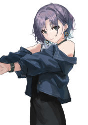 Rule 34 | 1girl, absurdres, asakura toru, blue hair, denim, denim jacket, dress, expressionless, gradient hair, highres, idolmaster, idolmaster shiny colors, jacket, jacket partially removed, light purple hair, looking at viewer, mou (piooooon), multicolored hair, outstretched arms, parted bangs, short hair, simple background, sleeveless, sleeveless dress, solo, stretching, watch, white background, wristwatch