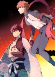Rule 34 | 2boys, cape, crossed arms, dual persona, emiya shirou, fate/grand order, fate (series), floating, igote, jacket, japanese clothes, limited/zero over, male focus, matsuya (pile), multiple boys, orange hair, parted lips, projection magecraft (fate/grand order), ribbon, track jacket, white cape, yellow eyes