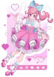Rule 34 | 1girl, absurdres, blue bow, bow, detached collar, dress, frilled dress, frills, full body, hair bow, hand up, heart, high heels, highres, hourai ninjin, kiratto pri chan, long hair, looking at viewer, momoyama mirai, pink bow, pink dress, pink footwear, pink hair, ponytail, pretty series, puffy short sleeves, puffy sleeves, purple eyes, shoes, short sleeves, sidelocks, smile, socks, solo, standing, user interface, white socks, wings