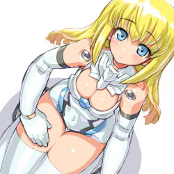 Rule 34 | 10s, 1girl, altrene, bad id, bad pixiv id, bare shoulders, blonde hair, blue eyes, blush, breasts, busou shinki, cleavage, dd (ijigendd), doll joints, elbow gloves, from above, gloves, hand on thigh, joints, large breasts, looking at viewer, looking up, simple background, smile, solo, thighhighs, white background, white gloves, white thighhighs