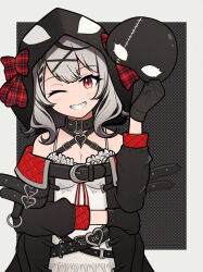 Rule 34 | 1girl, absurdres, animal collar, belt, black belt, black coat, black collar, black gloves, black hair, black hood, breasts, chest belt, cleavage, coat, collar, dress, gloves, grey hair, grin, hair ornament, heart pendant, highres, holding, holding mask, hololive, kano (nakanotakahiro1029), large breasts, long sleeves, looking at viewer, mask, unworn mask, medium hair, multicolored hair, off-shoulder coat, off shoulder, one eye closed, open clothes, open coat, outside border, red eyes, sakamata chloe, sakamata chloe (1st costume), smile, solo, spaghetti strap, standing, streaked hair, virtual youtuber, white dress, x hair ornament